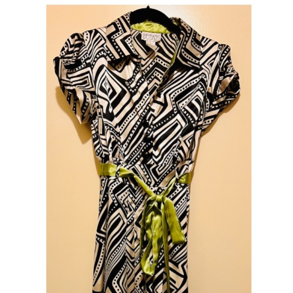Women’s Petite Taller Sz 8 Bethany Dress Geometric Blk, Cream Chartreuse Ribbon - Picture 2 of 6